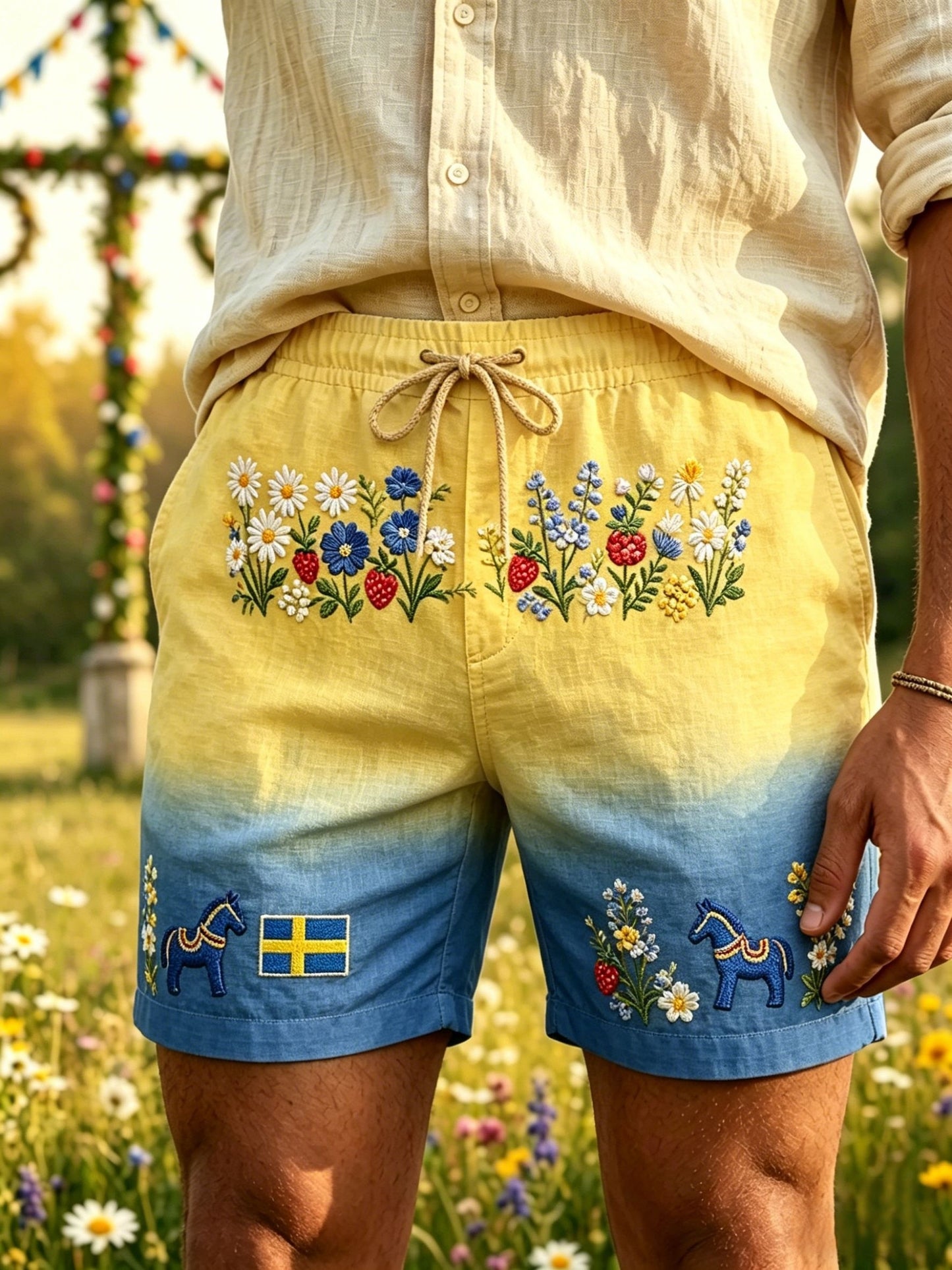 Herrar Retro Svenska Midsommar Folkal Blommig Bomull-Linne Korta Byxor