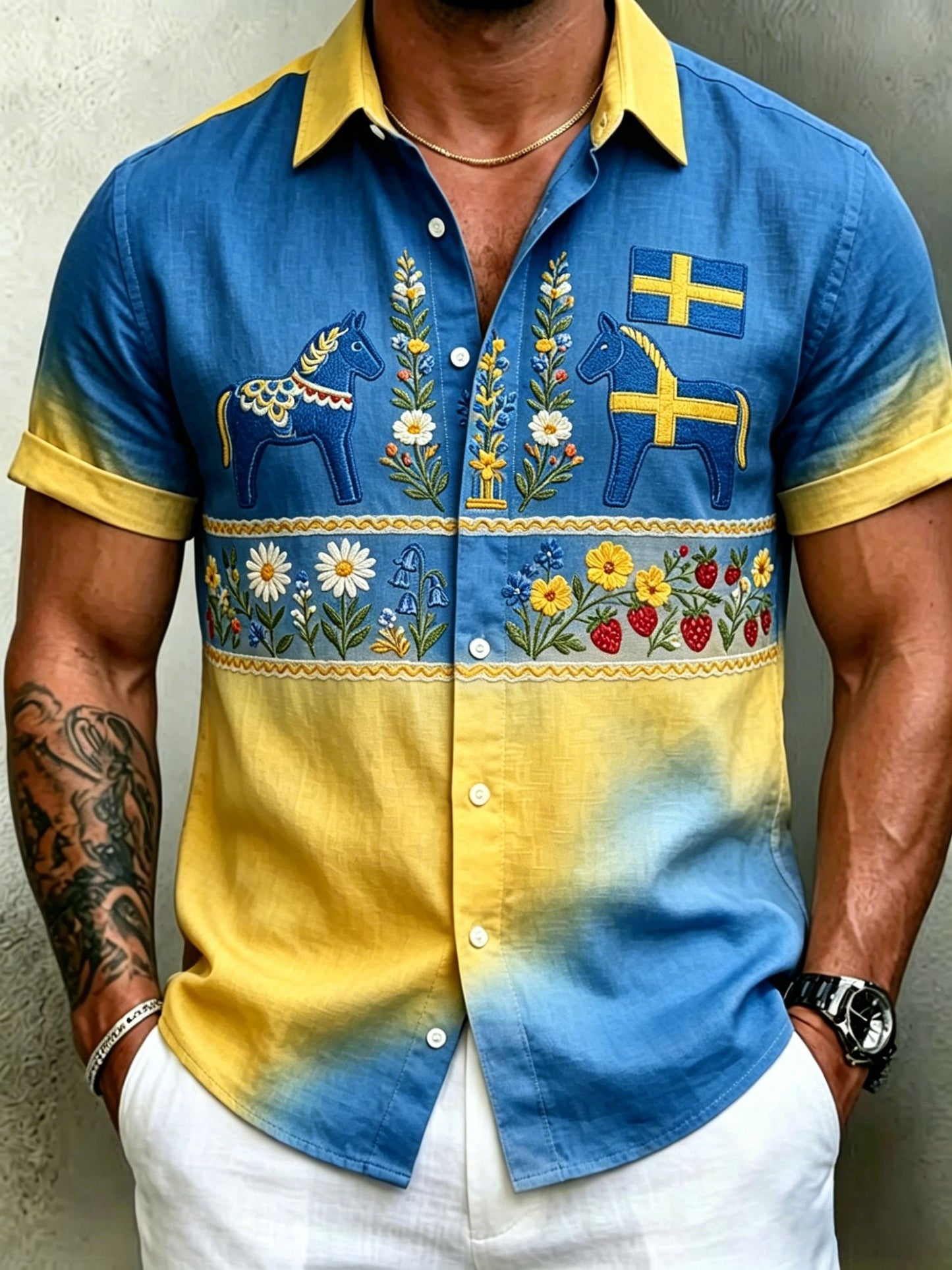 Herrretro svensk midsommarfolkaldrigblommig bomull-linne skjorta med korta ärmarna
