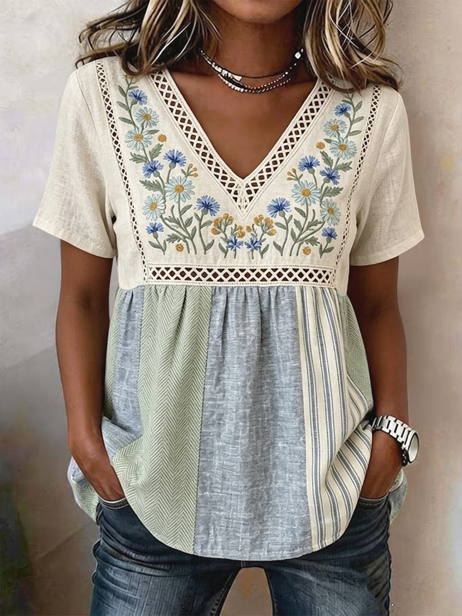 Kvinnors Vintage Floral Lappverk V-hals bomull-Linen blus