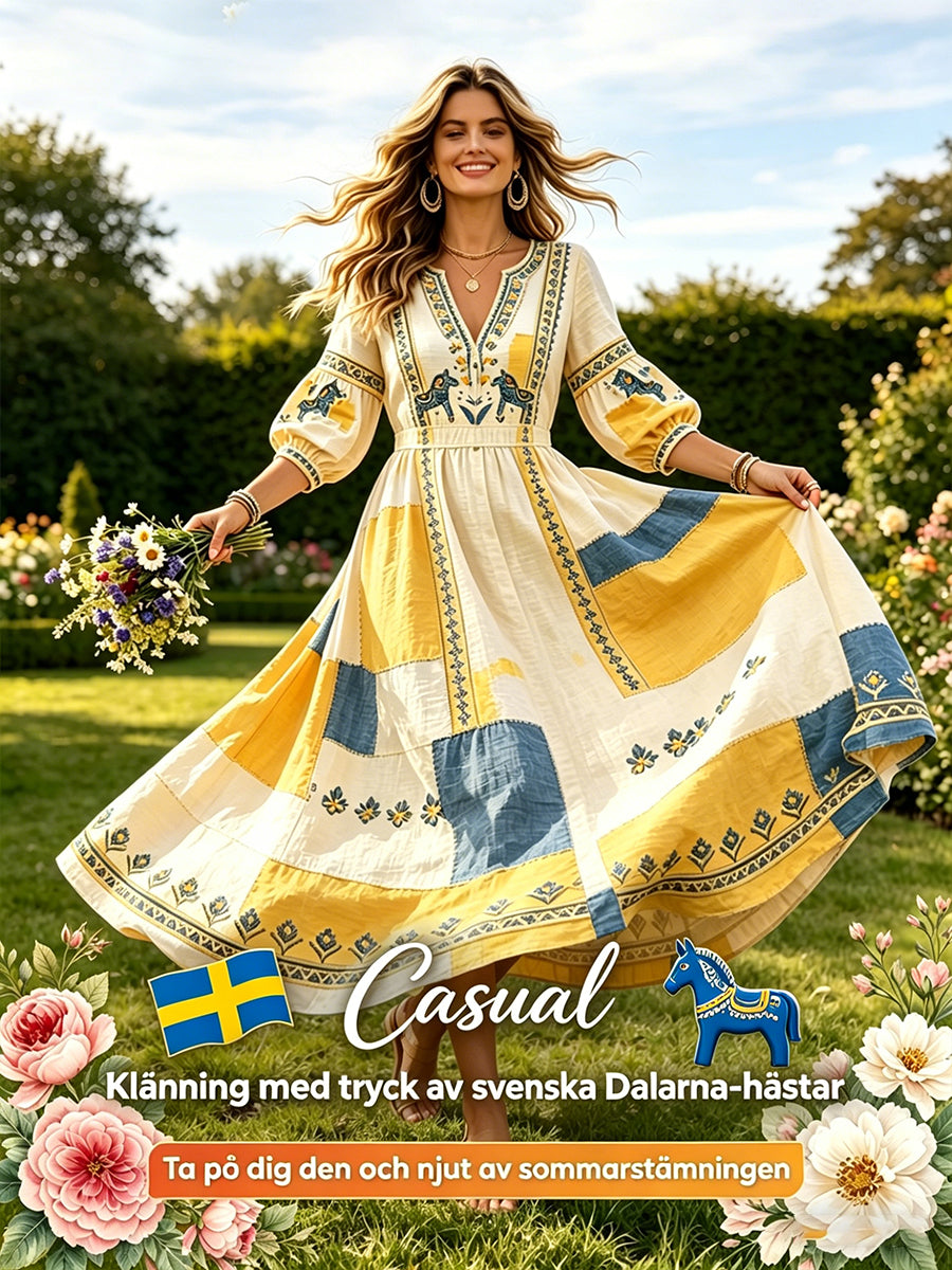 Kvinnors svenska midsommar Dala Häst Patchwork Skriv ut Casual V-hals klänning