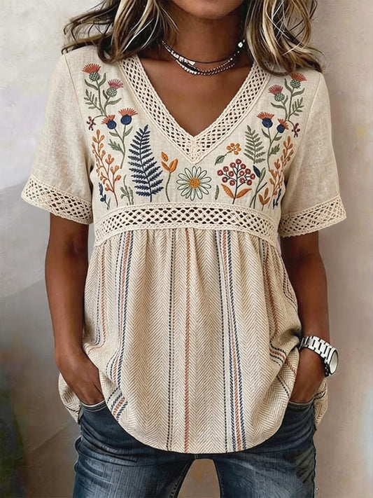 Kvinner Retro Stripet Blomstret Lappeverk V-hals A-linje bluse