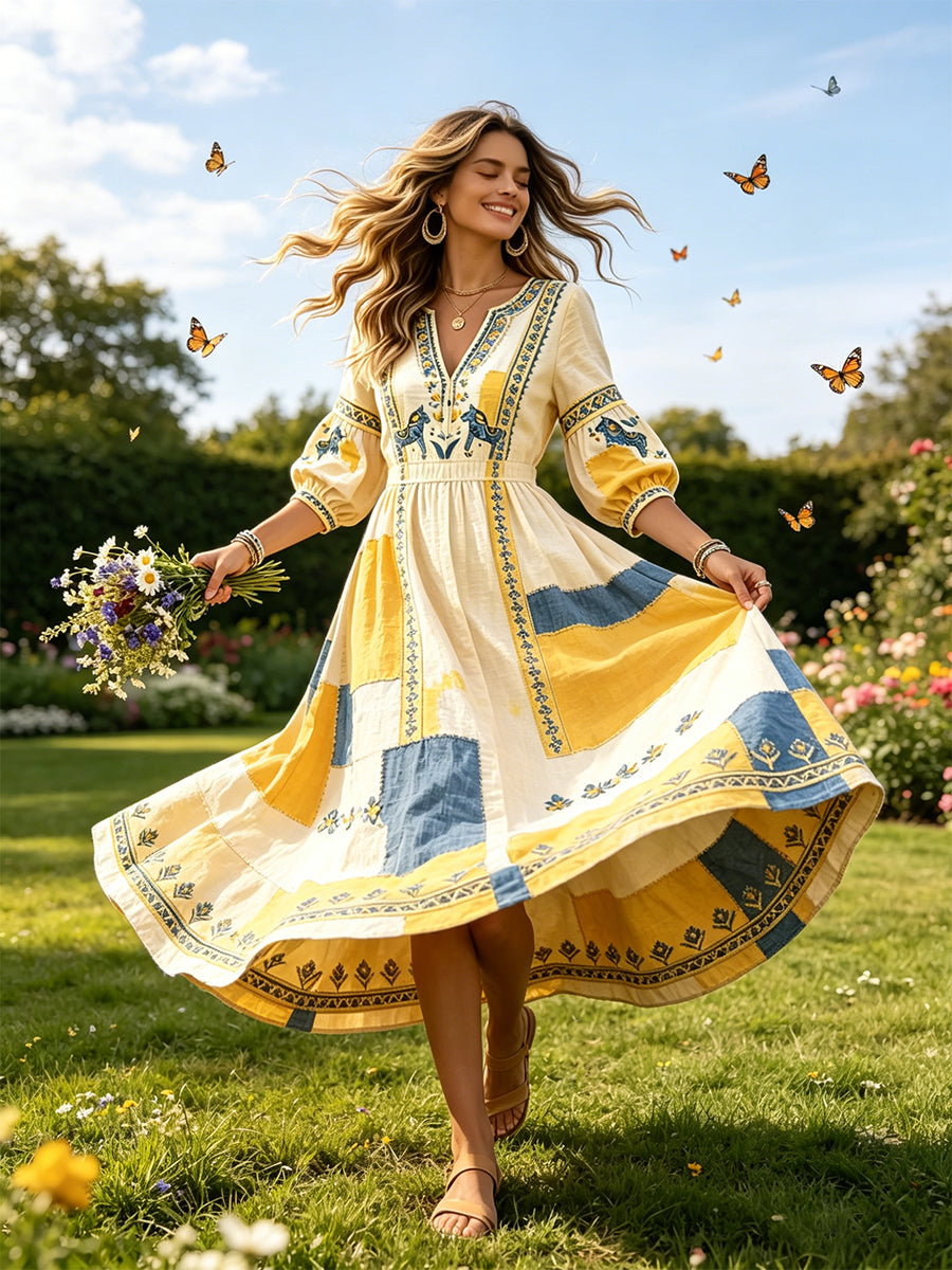 Kvinnors svenska midsommar Dala Häst Patchwork Skriv ut Casual V-hals klänning