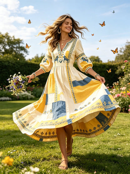 Kvinnors svenska midsommar Dala Häst Patchwork Skriv ut Casual V-hals klänning