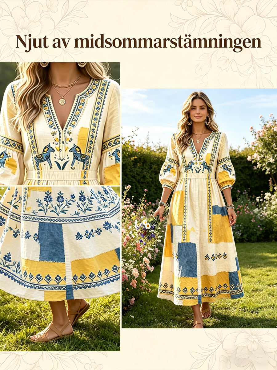 Kvinnors svenska midsommar Dala Häst Patchwork Skriv ut Casual V-hals klänning