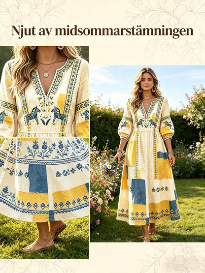 Kvinnors svenska midsommar Dala Häst Patchwork Skriv ut Casual V-hals klänning