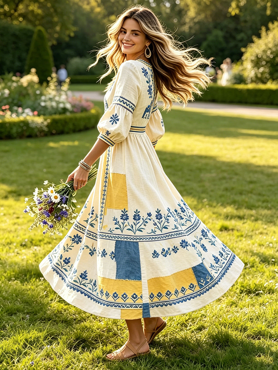 Kvinnors svenska midsommar Dala Häst Patchwork Skriv ut Casual V-hals klänning