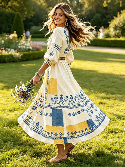 Kvinnors svenska midsommar Dala Häst Patchwork Skriv ut Casual V-hals klänning