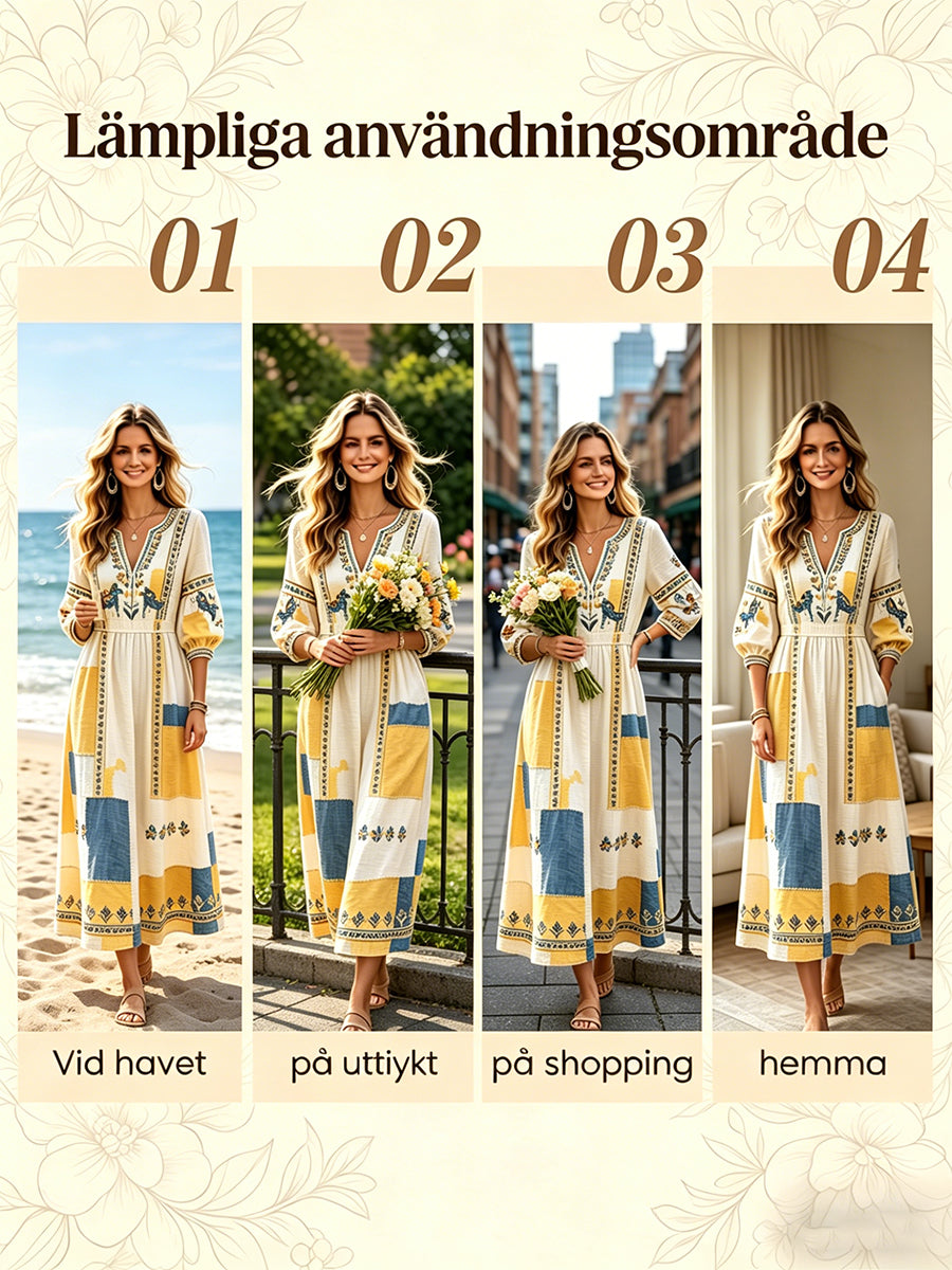 Kvinnors svenska midsommar Dala Häst Patchwork Skriv ut Casual V-hals klänning