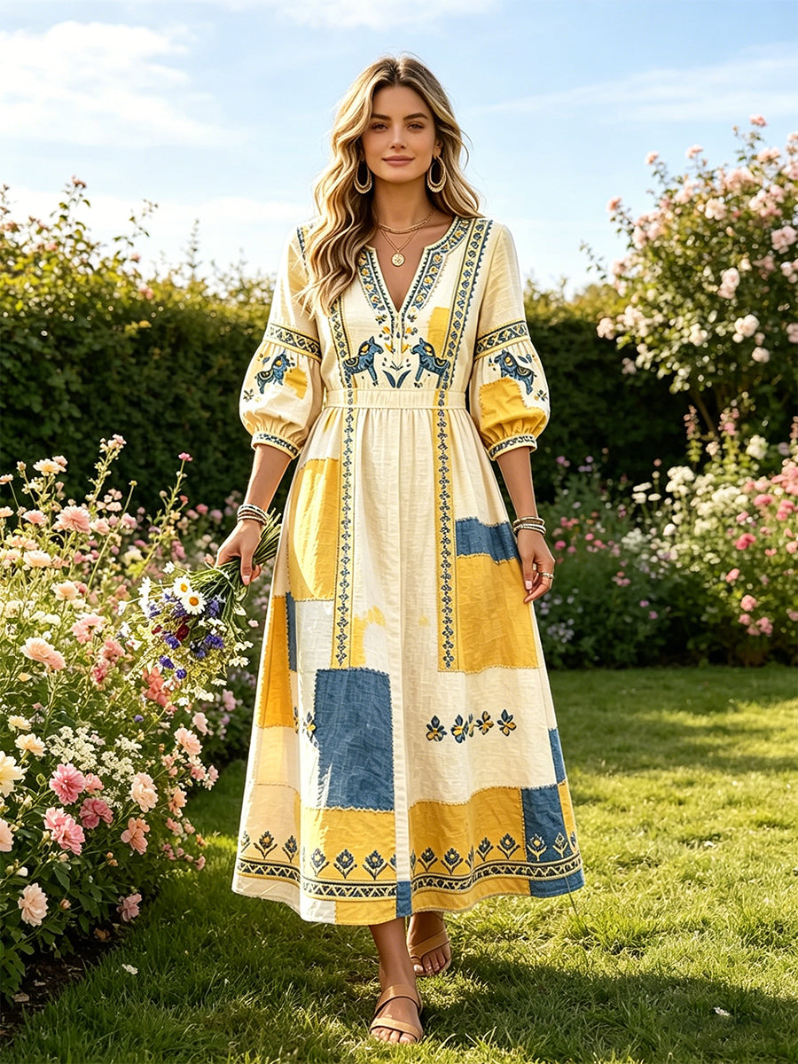 Kvinnors svenska midsommar Dala Häst Patchwork Skriv ut Casual V-hals klänning