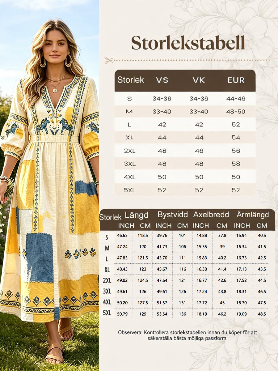Kvinnors svenska midsommar Dala Häst Patchwork Skriv ut Casual V-hals klänning