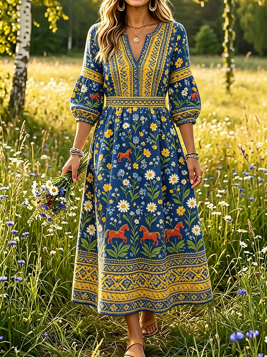 Damer Svensk midsommar Dalahästtryck Casual mode Bomull-linne V-ringning Klänning