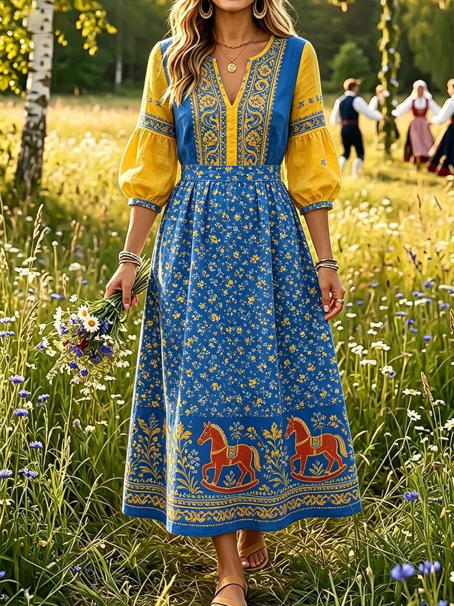 Damer Svensk midsommar Dalahästtryck Casual mode Bomull-linne V-ringning Klänning