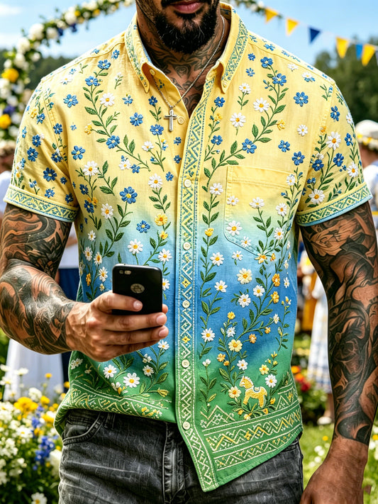 Herregenser med korte ermer og kunsttrykk som hyller den svenske midtsommerfesten