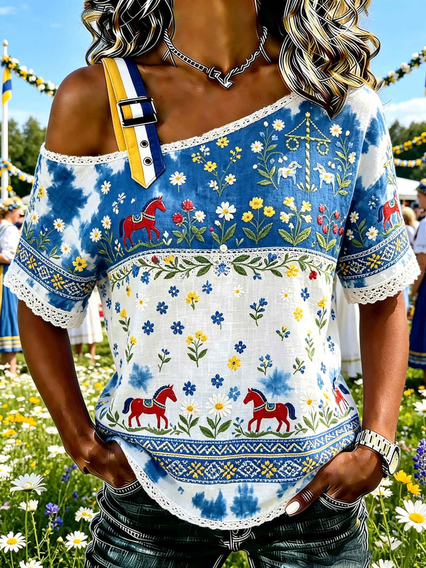Damer Svensk midsommarfest minneskonsttryck axellös topp