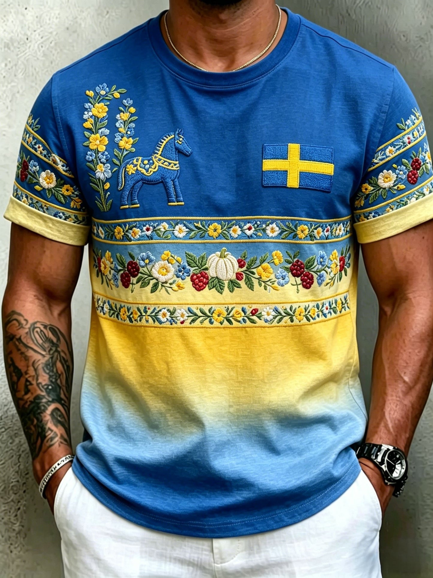 Herrretro svensk midsommarfolkal blommig kortärmad t-shirt