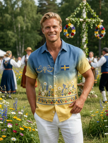 Herrretro svensk midsommarfolkaldrigblommig bomull-linne skjorta med korta ärmarna