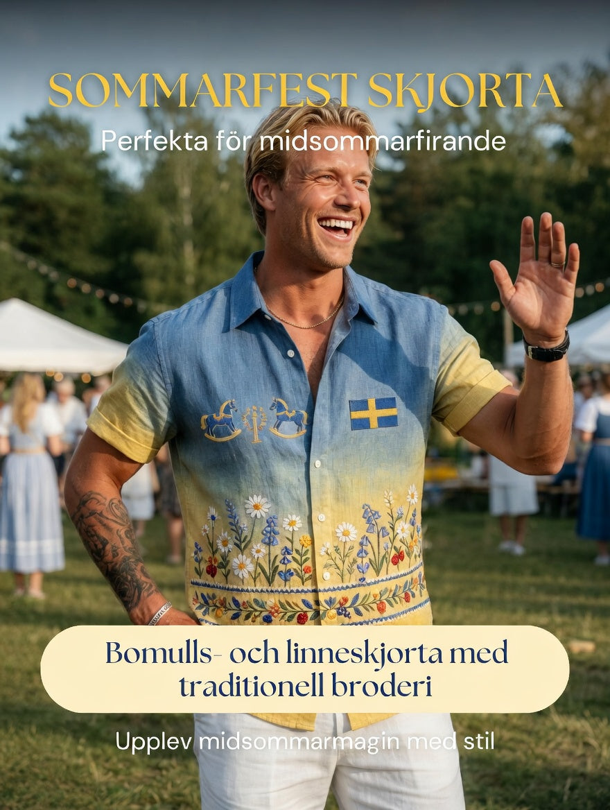 Herrretro svensk midsommarfolkaldrigblommig bomull-linne skjorta med korta ärmarna