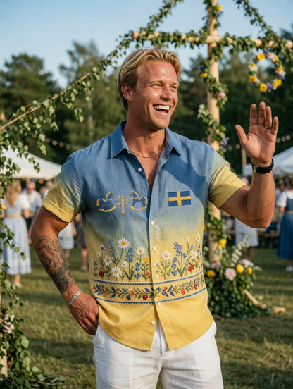 Herrretro svensk midsommarfolkaldrigblommig bomull-linne skjorta med korta ärmarna