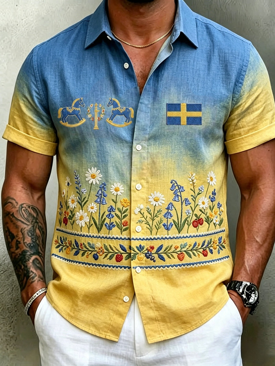 Herrretro svensk midsommarfolkaldrigblommig bomull-linne skjorta med korta ärmarna