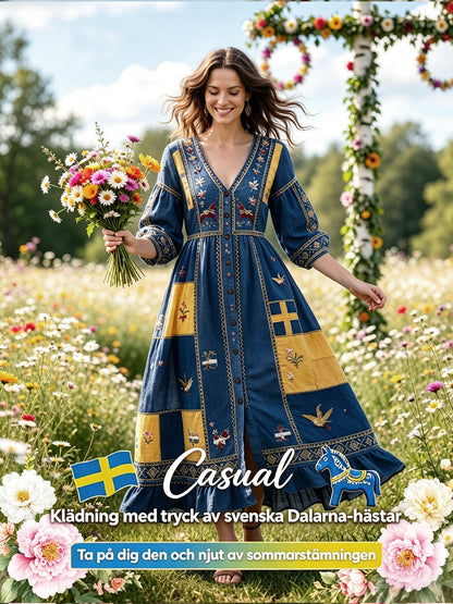 Kvinnors svenska Dala Horse Midsommar Patchwork Skriv ut Casual V-hals klänning