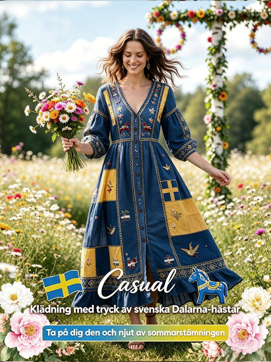 Kvinnors svenska Dala Horse Midsommar Patchwork Skriv ut Casual V-hals klänning