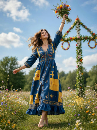 Kvinnors svenska Dala Horse Midsommar Patchwork Skriv ut Casual V-hals klänning