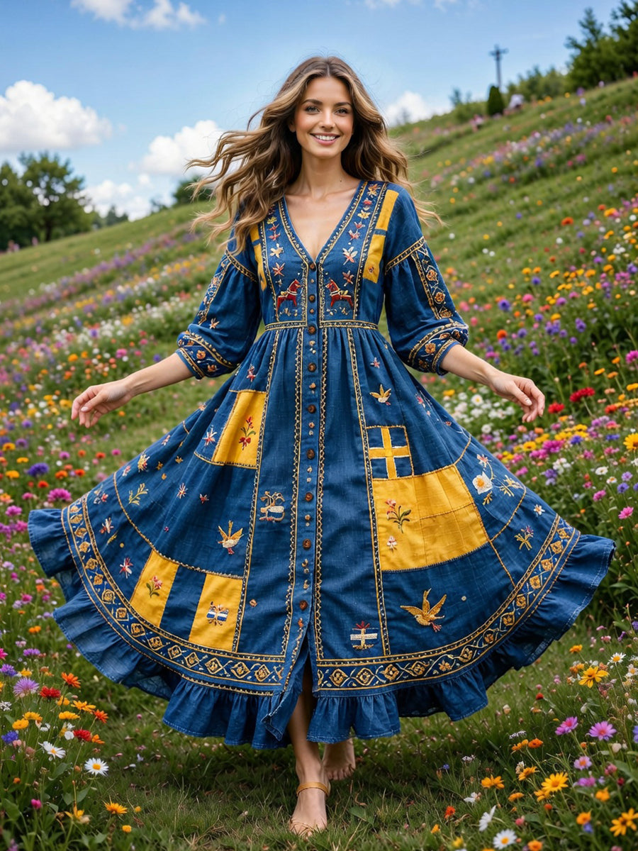 Kvinnors svenska Dala Horse Midsommar Patchwork Skriv ut Casual V-hals klänning