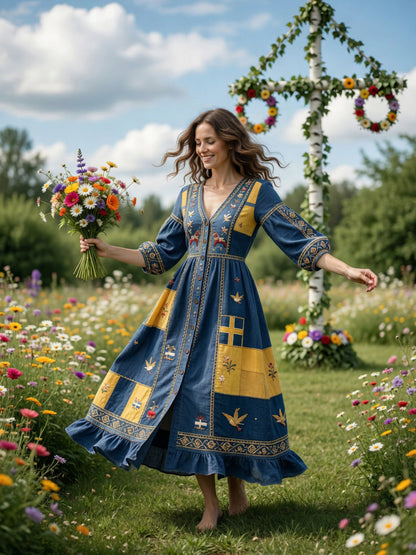Kvinnors svenska Dala Horse Midsommar Patchwork Skriv ut Casual V-hals klänning