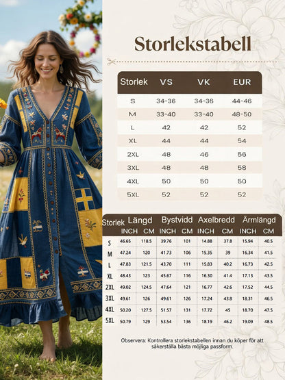 Kvinnors svenska Dala Horse Midsommar Patchwork Skriv ut Casual V-hals klänning