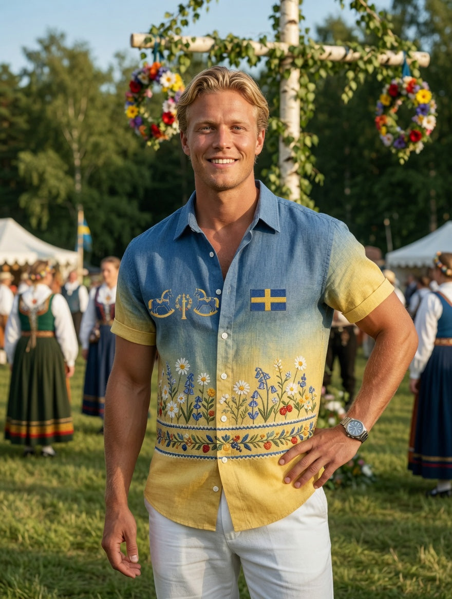 Herrretro svensk midsommarfolkaldrigblommig bomull-linne skjorta med korta ärmarna