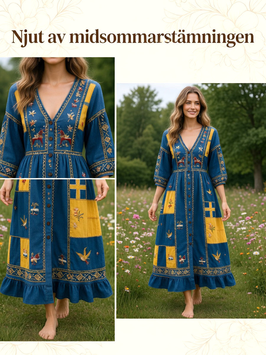 Kvinnors svenska Dala Horse Midsommar Patchwork Skriv ut Casual V-hals klänning