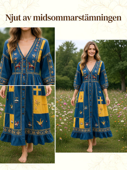 Kvinnors svenska Dala Horse Midsommar Patchwork Skriv ut Casual V-hals klänning