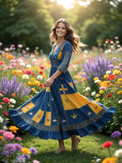 Kvinnors svenska Dala Horse Midsommar Patchwork Skriv ut Casual V-hals klänning