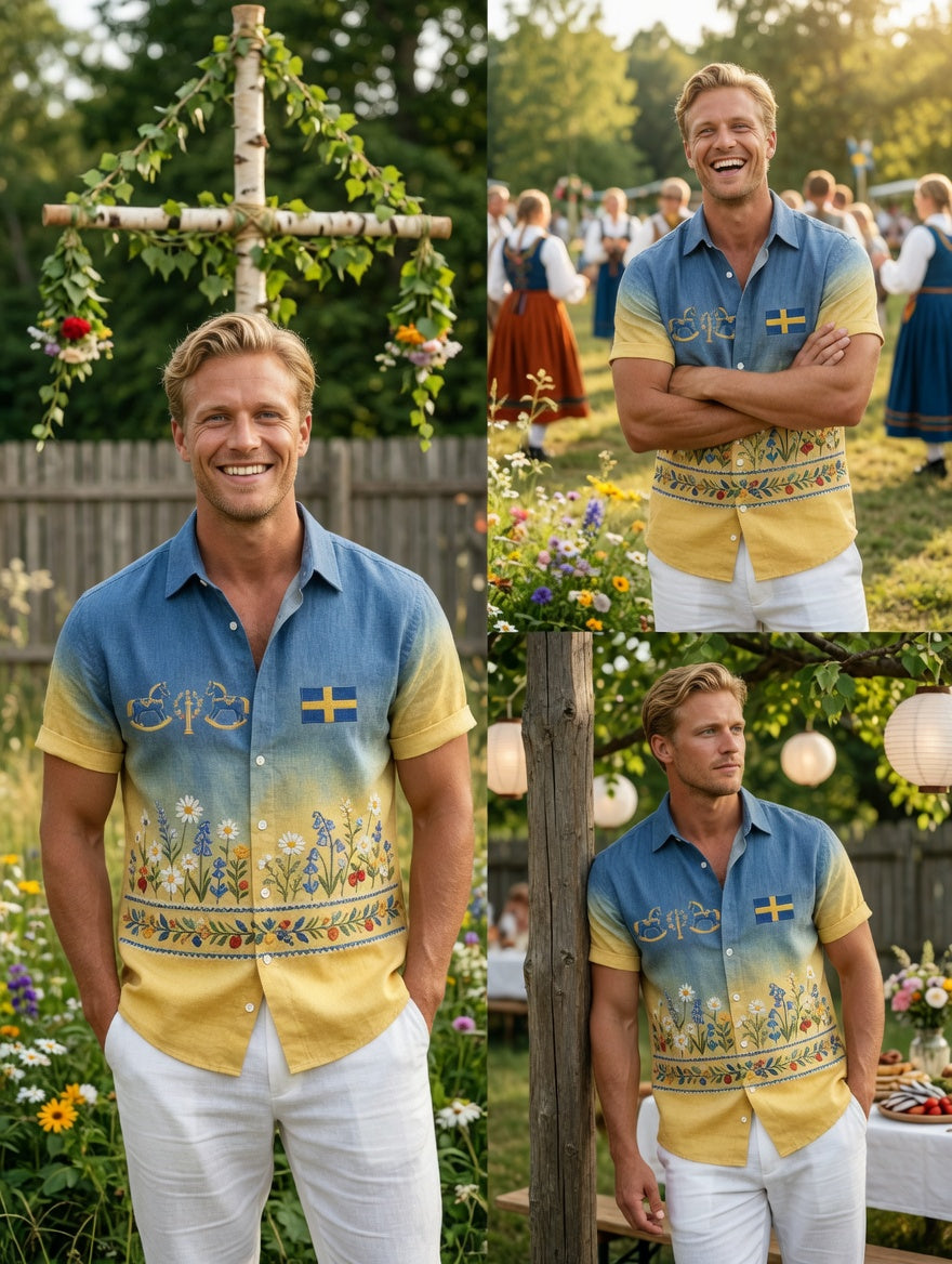 Herrretro svensk midsommarfolkaldrigblommig bomull-linne skjorta med korta ärmarna