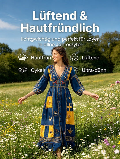 Kvinnors svenska Dala Horse Midsommar Patchwork Skriv ut Casual V-hals klänning