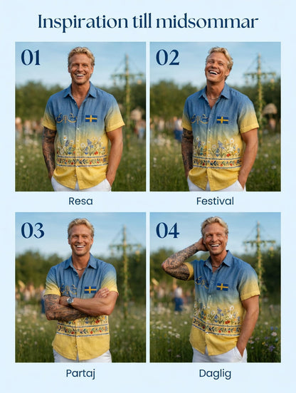 Herrretro svensk midsommarfolkaldrigblommig bomull-linne skjorta med korta ärmarna