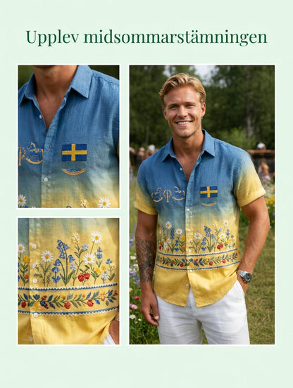 Herrretro svensk midsommarfolkaldrigblommig bomull-linne skjorta med korta ärmarna