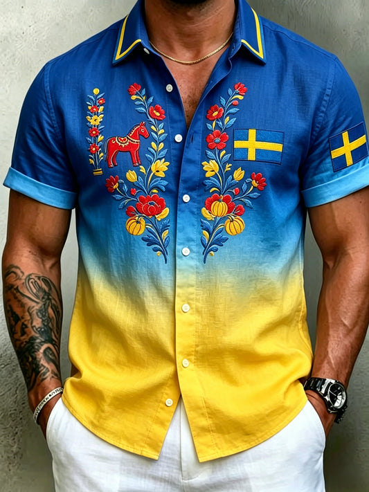 Herrretro svensk midsommarfolkaldrigblommig bomull-linne skjorta med korta ärmarna