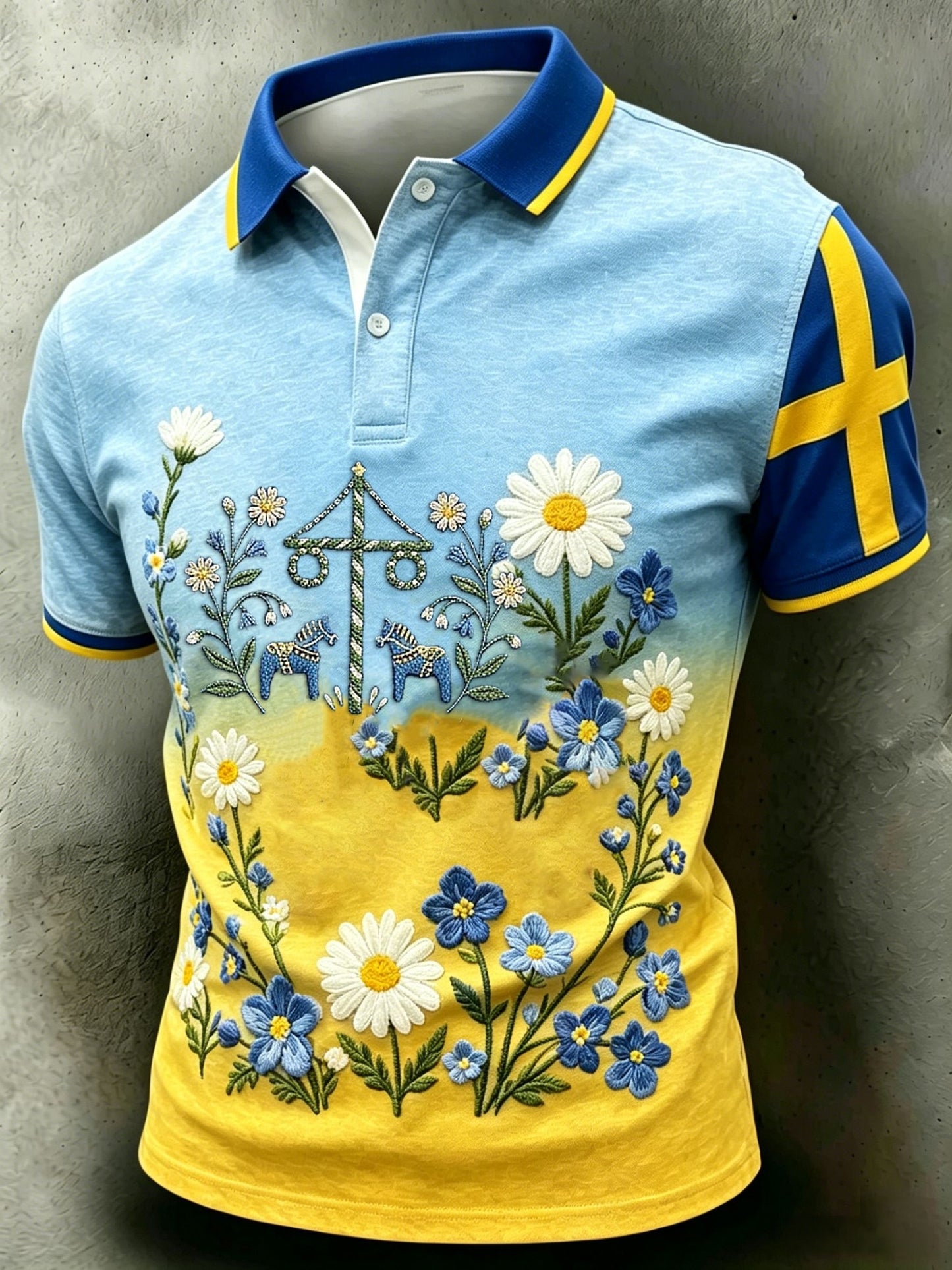 Herrretro svensk midsommarfolkblommig polotröja med korta ärmar