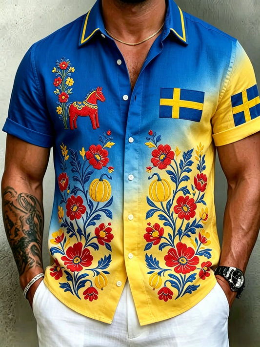 Herr retro svensk midtsommerfolkealdri blomstrete bomull-lin skjorte med korte ermer