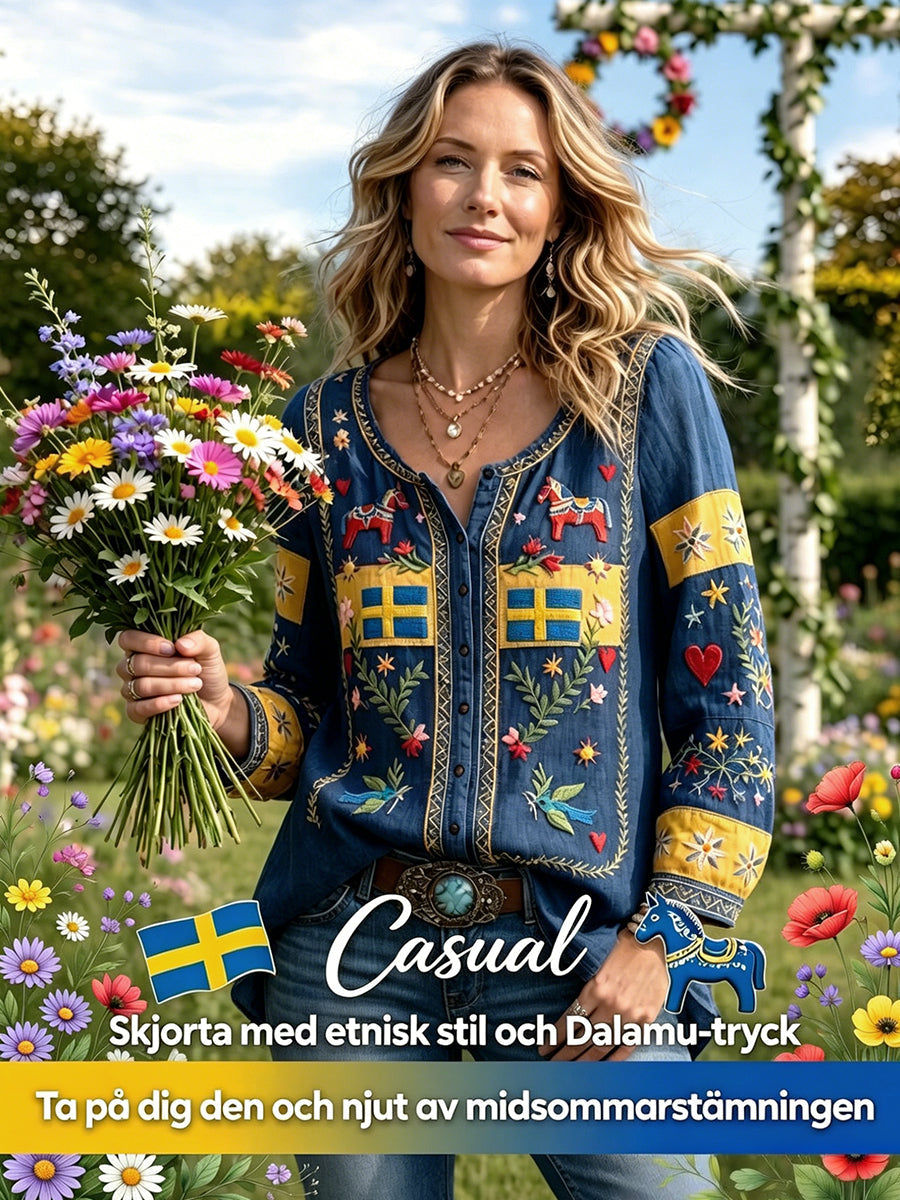 Kvinnors svenska midsommar Patchwork Skriv ut Casual Cotton-Linen-skjorta