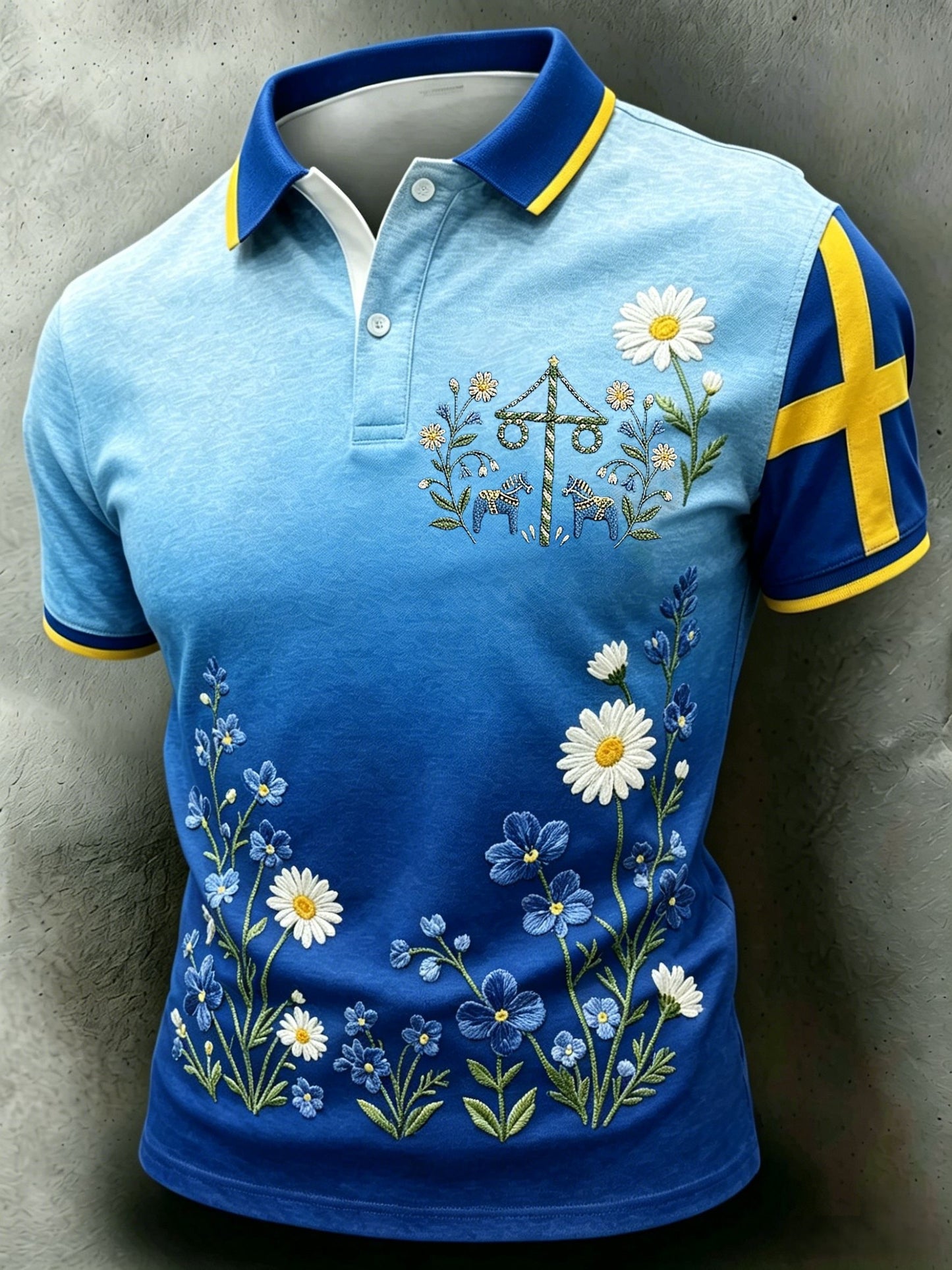 Herrretro svensk midsommarfolkblommig polotröja med korta ärmar
