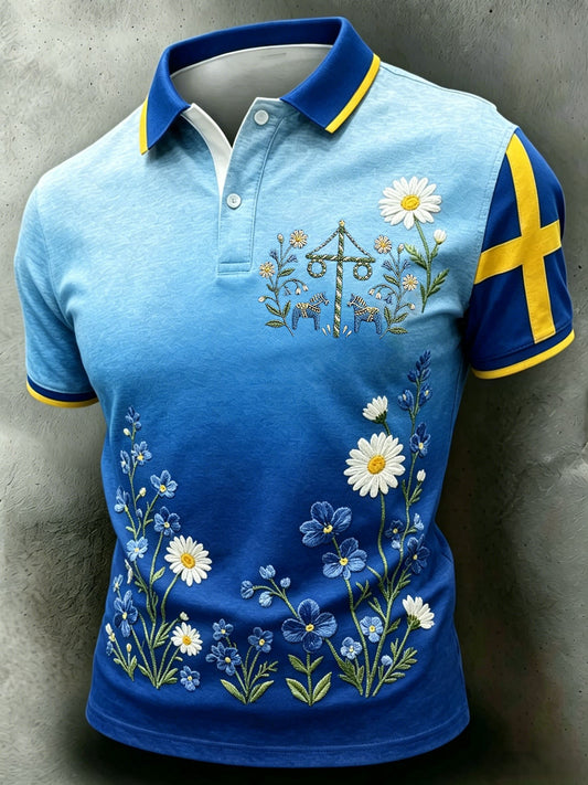 Herrretro svensk midsommarfolkblommig polotröja med korta ärmar