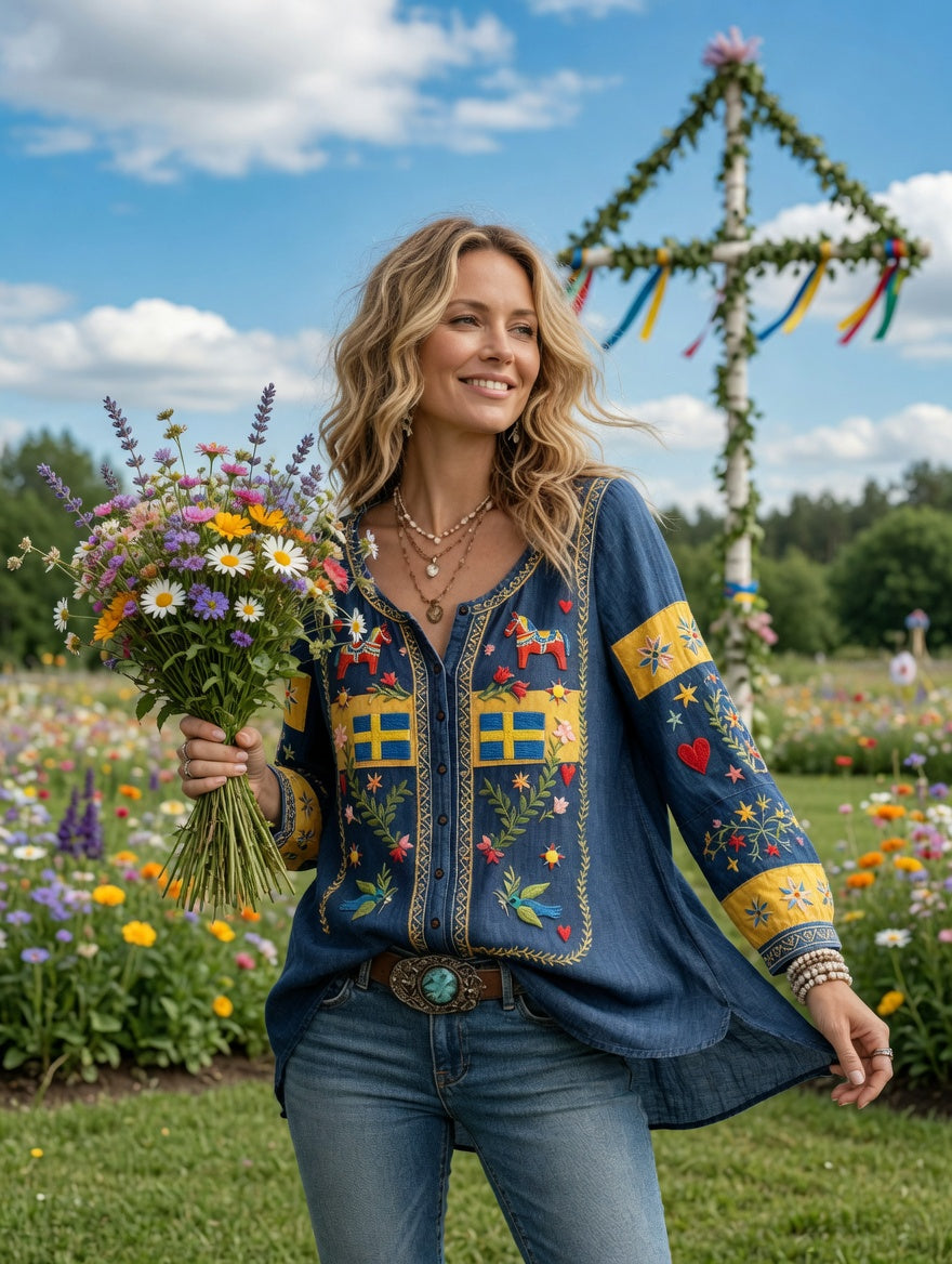 Kvinnors svenska midsommar Patchwork Skriv ut Casual Cotton-Linen-skjorta