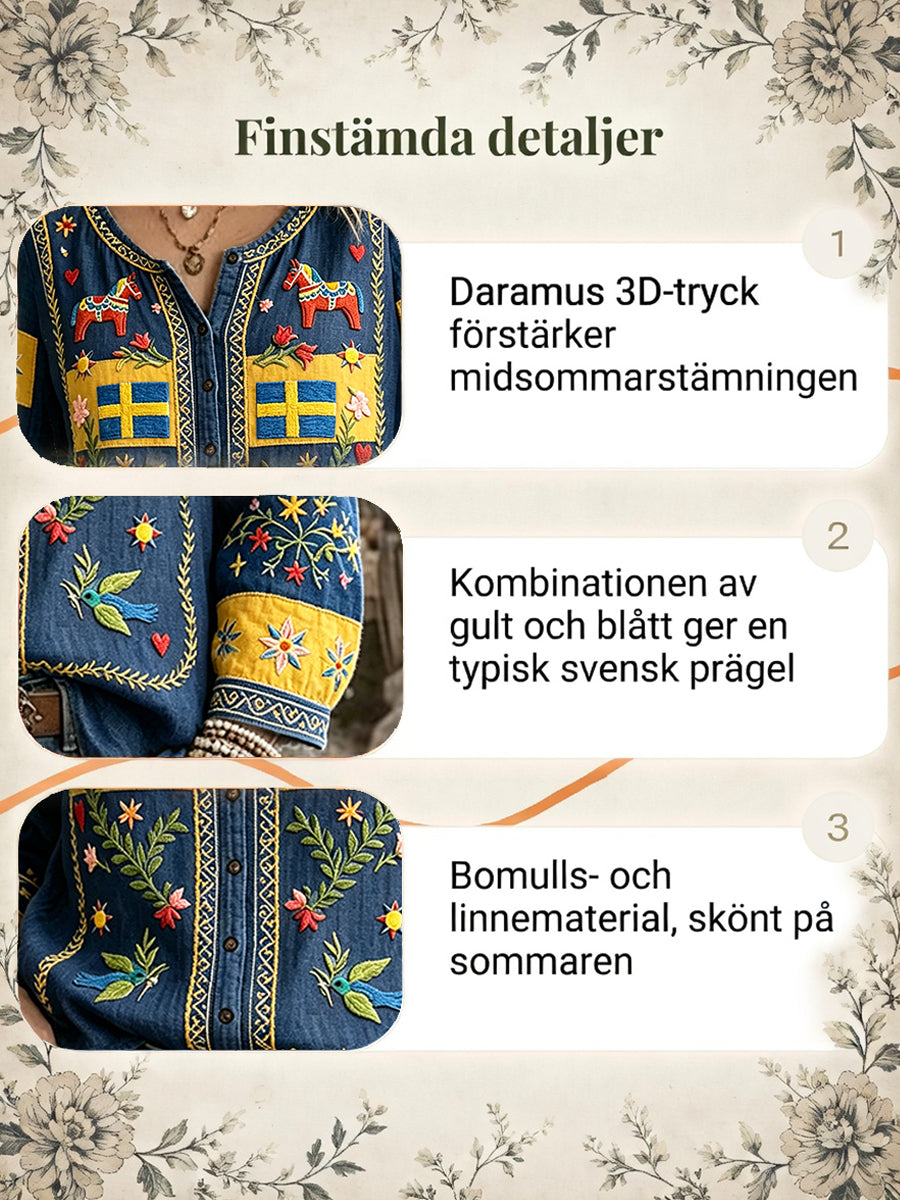 Kvinnors svenska midsommar Patchwork Skriv ut Casual Cotton-Linen-skjorta