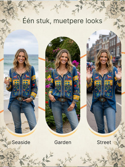 Kvinnors svenska midsommar Patchwork Skriv ut Casual Cotton-Linen-skjorta