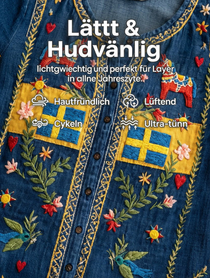 Kvinnors svenska midsommar Patchwork Skriv ut Casual Cotton-Linen-skjorta