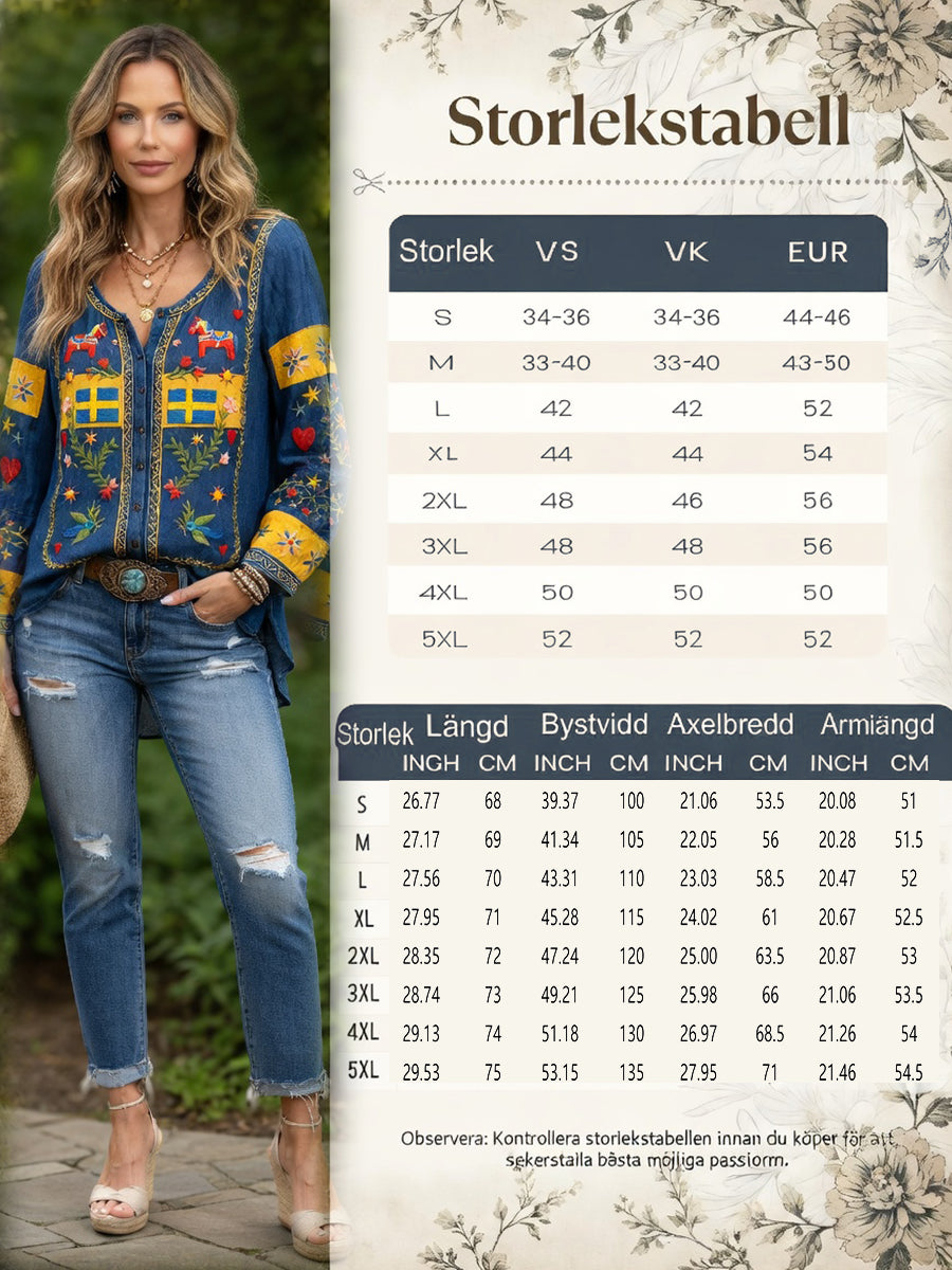 Kvinnors svenska midsommar Patchwork Skriv ut Casual Cotton-Linen-skjorta