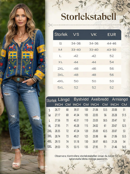 Kvinnors svenska midsommar Patchwork Skriv ut Casual Cotton-Linen-skjorta