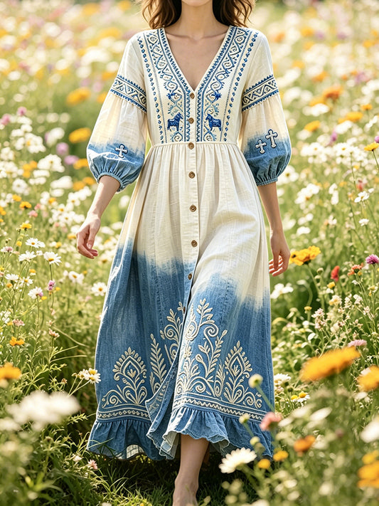Kvinnors svenska midsommar Blå Gradient Skriv ut Casual V-hals klänning
